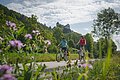 Zwei Radler, eine Frau mit weißem Helm und roten Shirt und ein Mann, neben ihr, ebenfalls mit Helm und blauen Shirt sind auf dem Radweg unterwegs. Die Zwei radeln und hinter ihnen ragt die Burg Prunn, die umgeben von Wäldern auf einem Felsen. Der Himmel scheint blau, nur ein paar Wolken verirren sich.