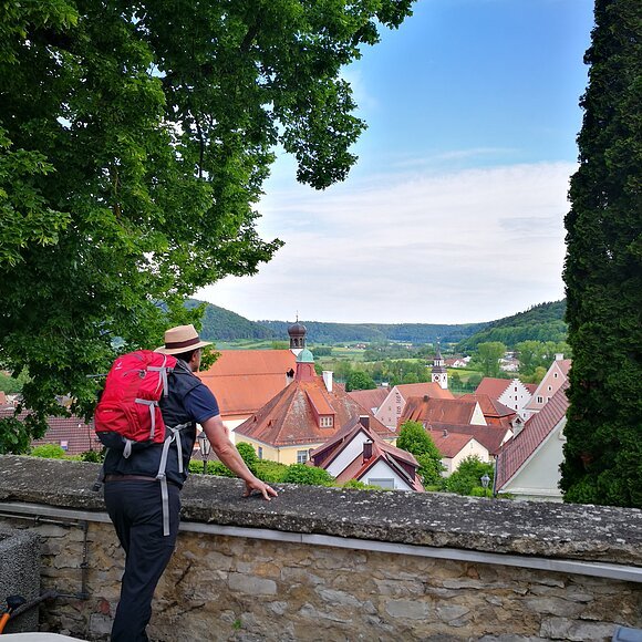 Wanderer am Wallfahrerweg in Greding Ein Wanderer mit roten Rucksack steht an einer Mauer und lässt seinen Blick über Greding schweifen. Die Stadt ist von zwei Bäumen eingerahmt.