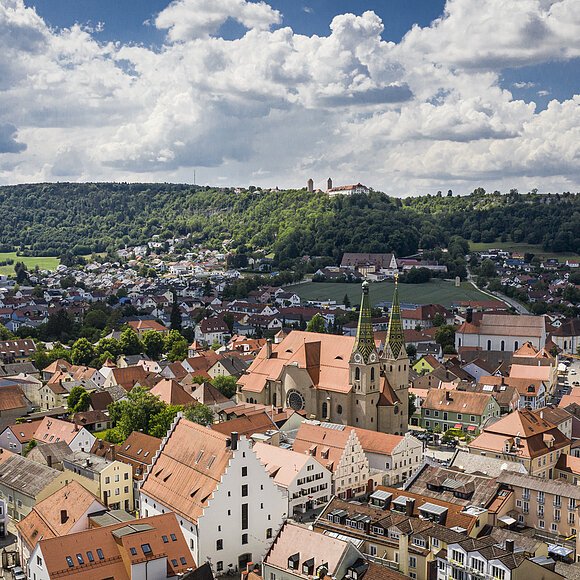 Luftaufnahme einer Stadt mit roten Dächern, Kirche mit zwei Türmen und bewaldetem Hügel im Hintergrund unter bewölktem Himmel.