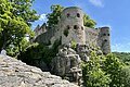 Im Zentrum des Bildes ist die Burg Pappenheim vor einem Blauen Himmel zu sehen. Der Fels auf dem die Türme stehen ist von viel Vegetation bedeckt. Am linken Bildrand steht ein Baum.